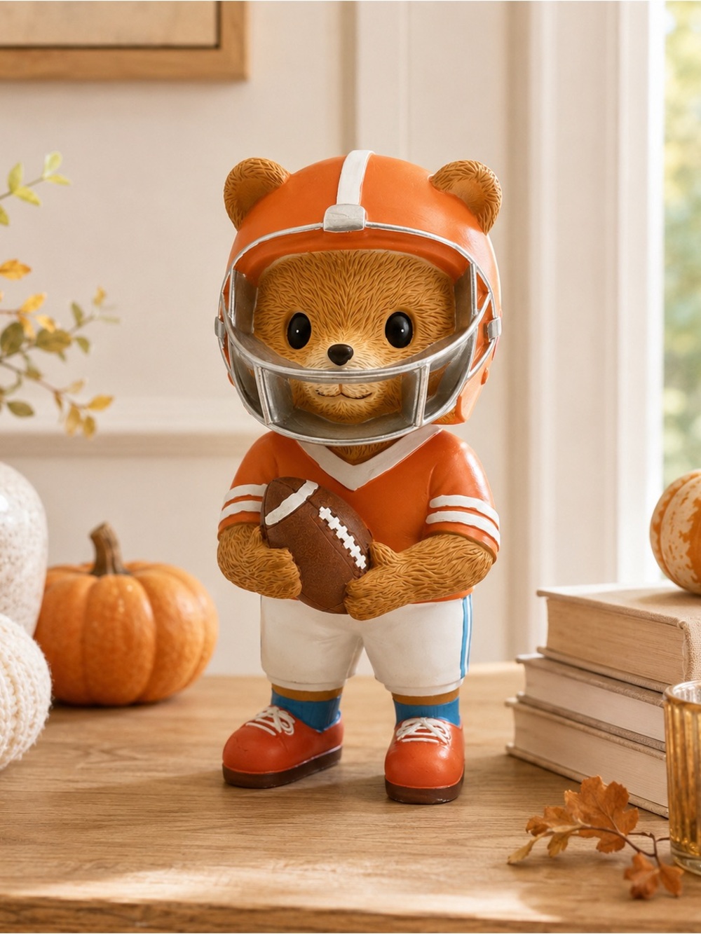 Whimsical Bear Football Player #12 Orange Game Day Fall Figurine